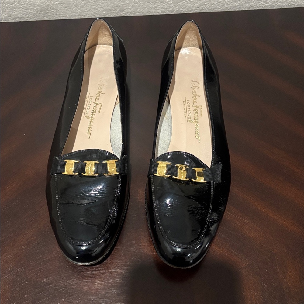 Salvatore Ferragamo Black Patent Leather Loafers with Gold Buckle